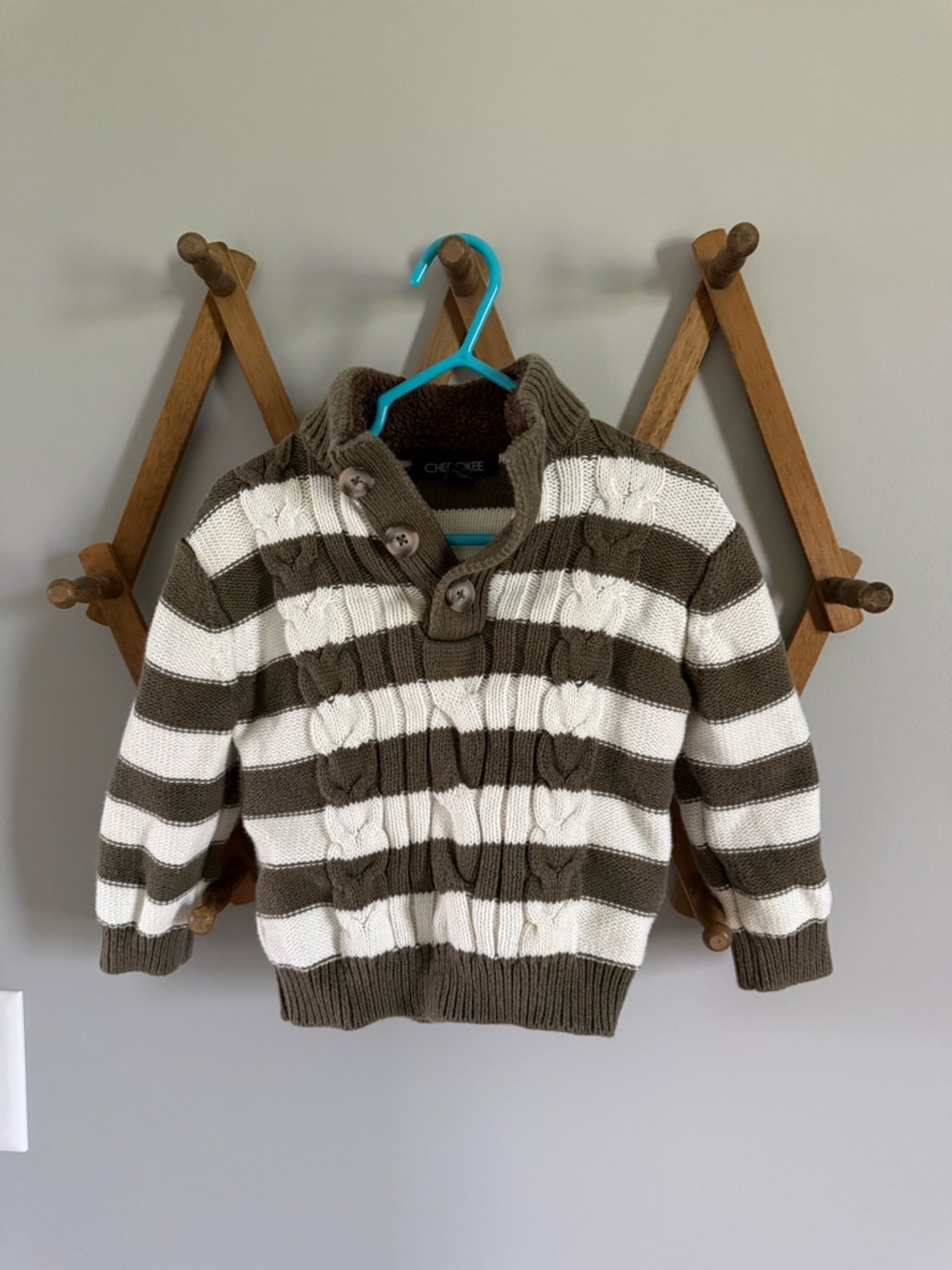 Cherokee Olive Green & White Striped Cable Knit Button Sweater